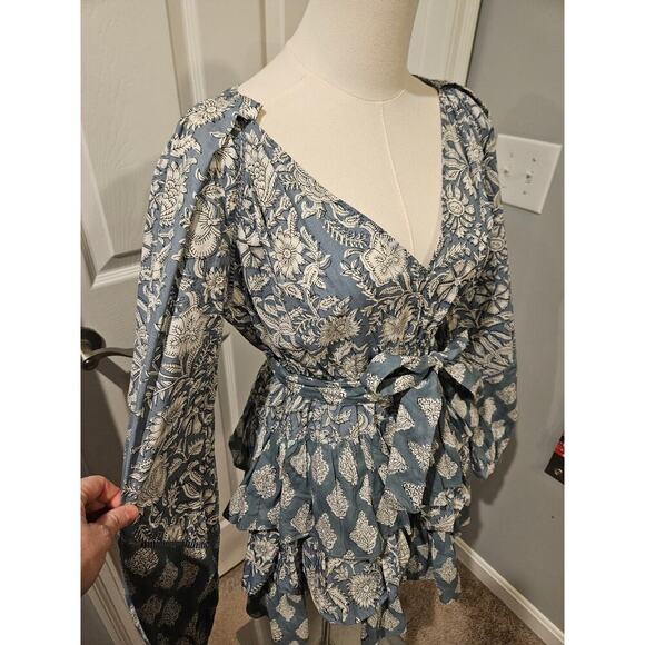 Marea Cotton Cala Azul‎ Grace Ruffle Flounce Long Sleeve Mini Dress Size Medium - Picture 2 of 8